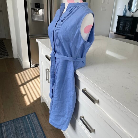 L.L.Bean 100% Linen Button Down Pleated Belted Dress Cornflower Blue Sz 10 NWOT - Picture 4 of 13